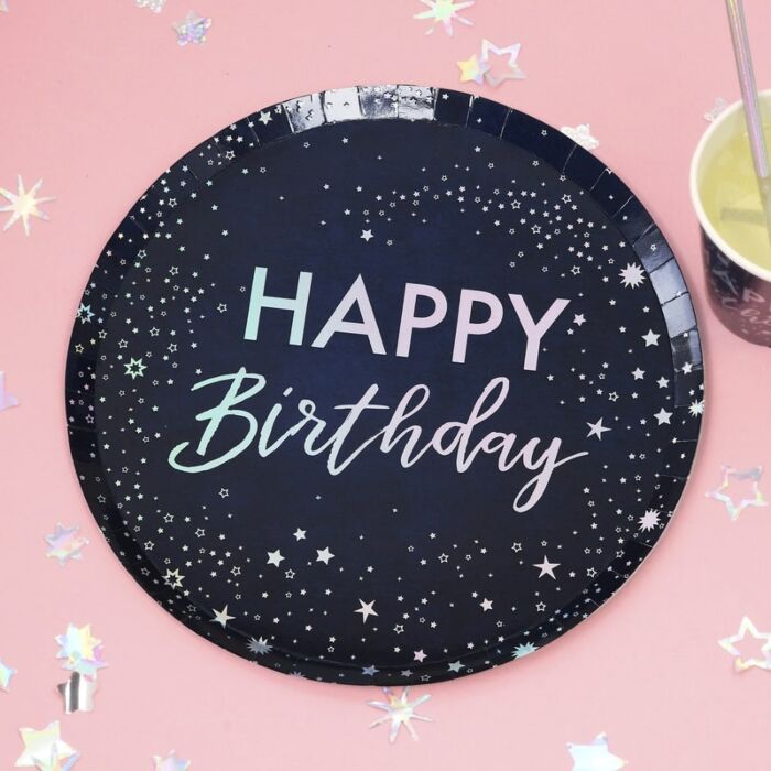 Irizáló sötét kék happy birthday feliratos tányér